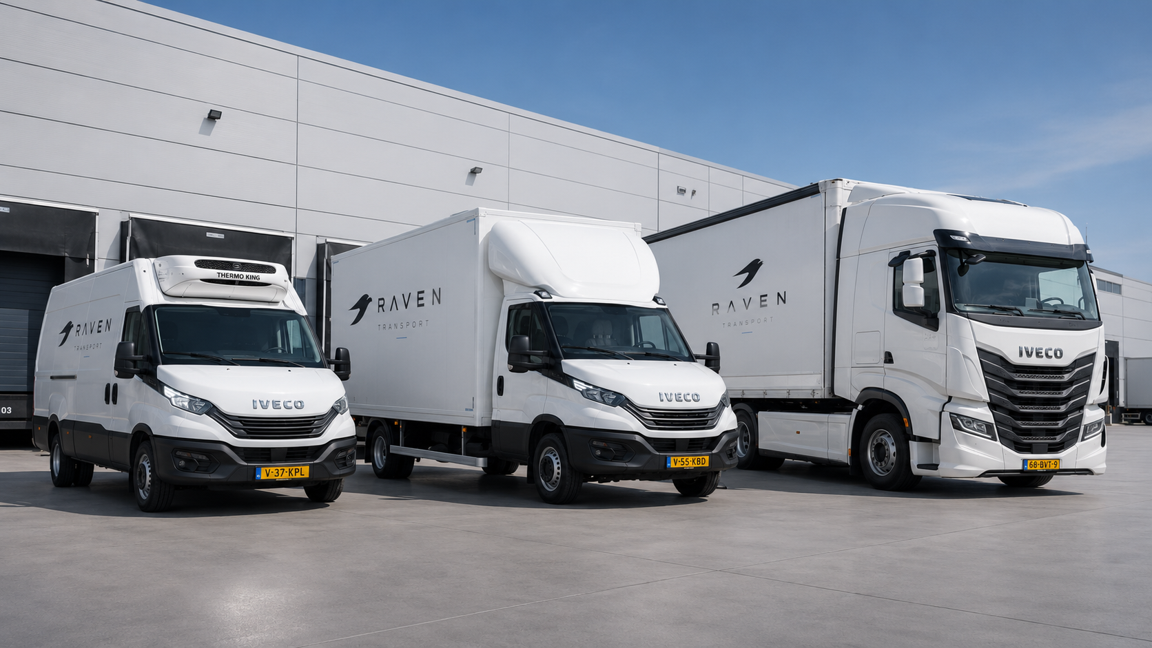 Raven Transport vloot van witte Iveco voertuigen voor distributiecentrum